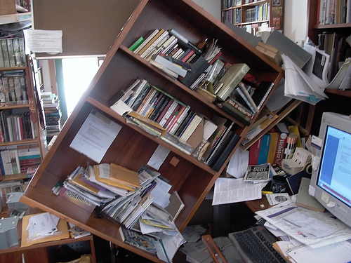 Small Beer Press bookshelf disaster. Photo by Gavin Grant